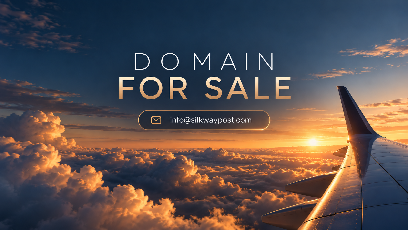 Domain for Sale. Contact nadirovfakhri@gmail.com. Airplane wing above golden clouds at sunset.